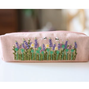 Hand Embroidered Pencil Case with Flower Embroidery, Pen Case, Floral Makeup Pouch, Flower Makeup Bag 1 - Pink