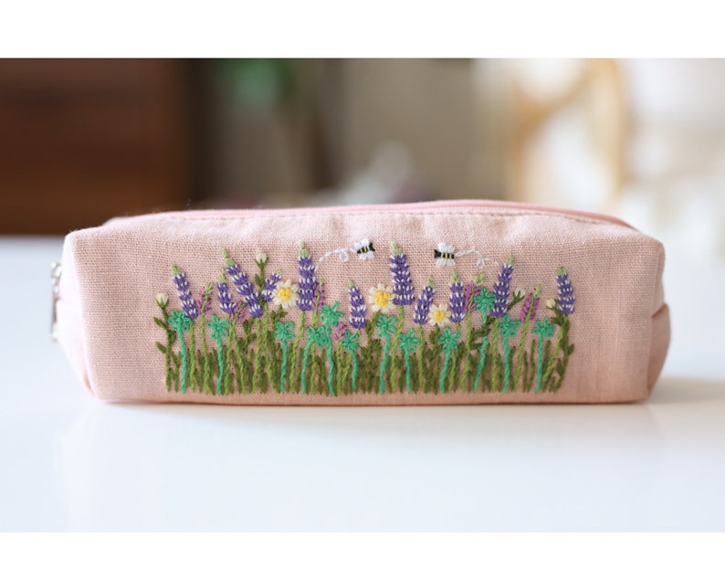 Hand Embroidered Pencil Case with Flower Embroidery, Pen Case, Floral Makeup Pouch, Flower Makeup Bag 1 - Pink