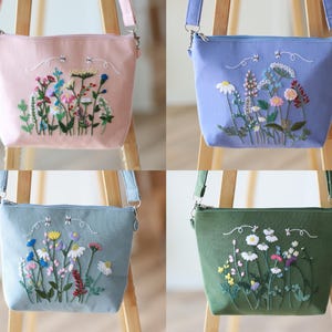 Hand Embroidered Floral Crossbody Bag | Linen Shoulder Bag | Convertible Purse with Adjustable Strap & Zipper | Gift for Her