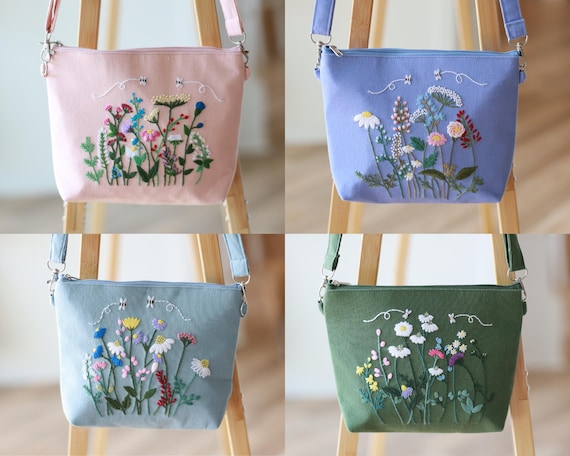 Hand Embroidered Floral Crossbody Bag | Linen Shoulder Bag | Convertible Purse with Adjustable Strap & Zipper | Gift for Her