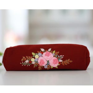 Hand Embroidered Pencil Case with Flower Embroidery, Pen Case, Floral Makeup Pouch, Flower Makeup Bag, Mother's Day Gift 6 - Burgundy