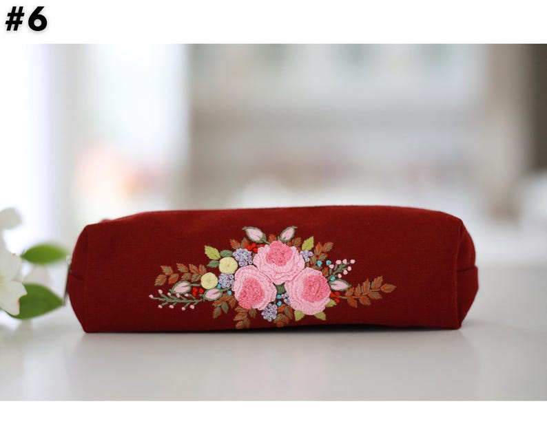 Hand Embroidered Pencil Case with Flower Embroidery, Pen Case, Floral Makeup Pouch, Flower Makeup Bag, Mother's Day Gift 6 - Burgundy