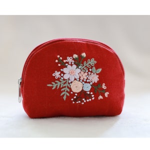 Hand Embroidered Coin Purse with Flower Embroidery, Earphone Case, Vintage Coin Purse, Bridesmaid Gift, Linen Pouch 7 - Red