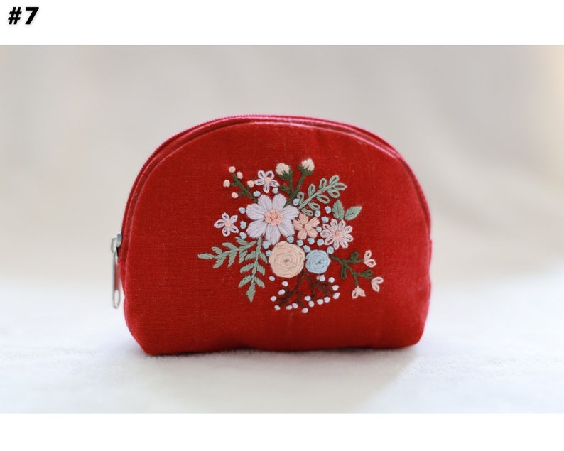 Hand Embroidered Coin Purse with Flower Embroidery, Earphone Case, Vintage Coin Purse, Bridesmaid Gift, Linen Pouch 7 - Red