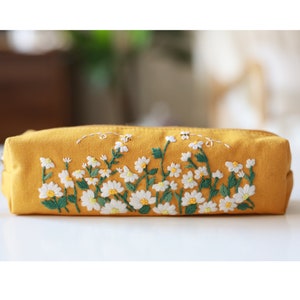 Hand Embroidered Pencil Case with Flower Embroidery, Pen Case, Floral Makeup Pouch, Flower Makeup Bag 4 - Yellow