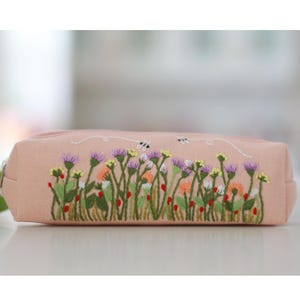 Hand Embroidered Pencil Case with Flower Embroidery, Pen Case, Floral Makeup Pouch, Flower Makeup Bag, Mother's Day Gift 2 - Pink