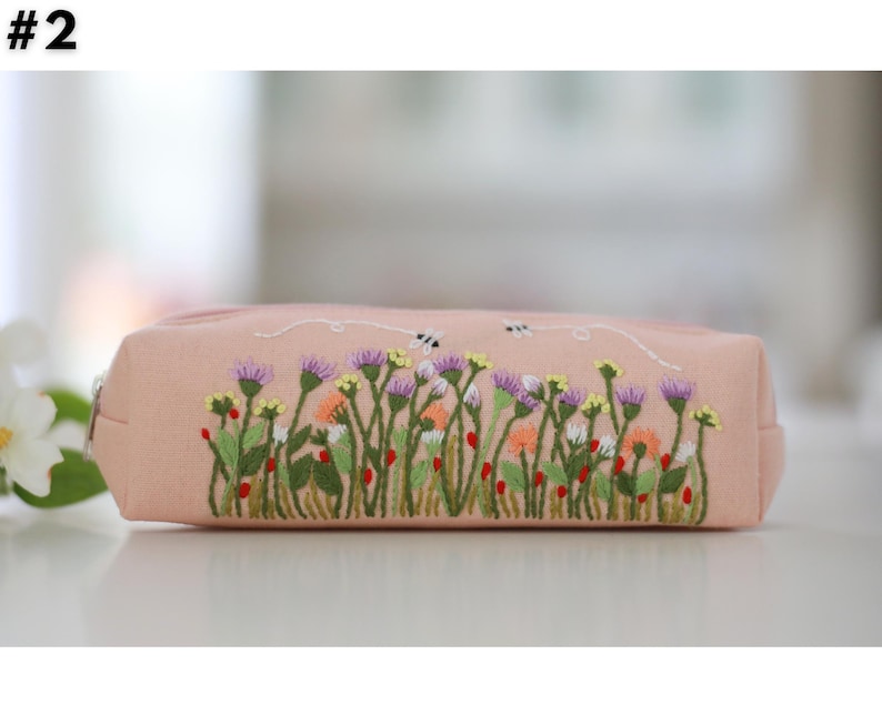 Hand Embroidered Pencil Case with Flower Embroidery, Pen Case, Floral Makeup Pouch, Flower Makeup Bag, Mother's Day Gift 2 - Pink