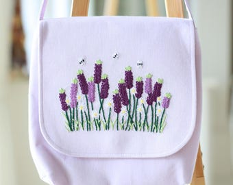Hand Embroidered Lavender Floral Crossbody Bag, Linen Shoulder Bag with Magnetic Closure & Adjustable Strap, Christmas Gift, Gift for Her