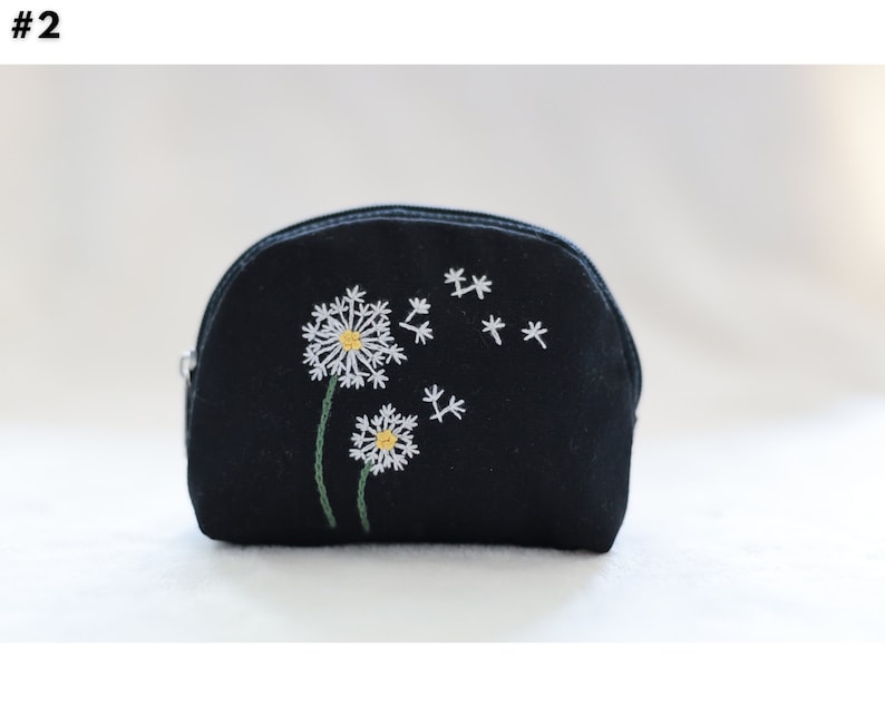 Hand Embroidered Coin Purse with Flower Embroidery, Earphone Case, Vintage Coin Purse, Bridesmaid Gift, Linen Pouch 2 - Black