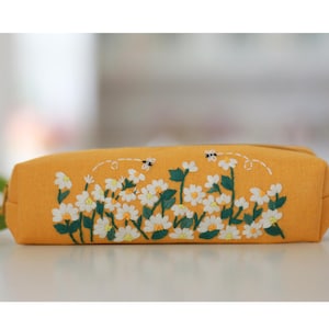 Hand Embroidered Pencil Case with Flower Embroidery, Pen Case, Floral Makeup Pouch, Flower Makeup Bag, Mother's Day Gift 4 - Yellow