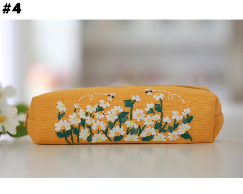 Hand Embroidered Pencil Case with Flower Embroidery, Pen Case, Floral Makeup Pouch, Flower Makeup Bag, Mother's Day Gift 4 - Yellow