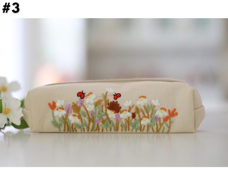 Hand Embroidered Pencil Case with Flower Embroidery, Pen Case, Floral Makeup Pouch, Flower Makeup Bag, Mother's Day Gift 3 - Natural
