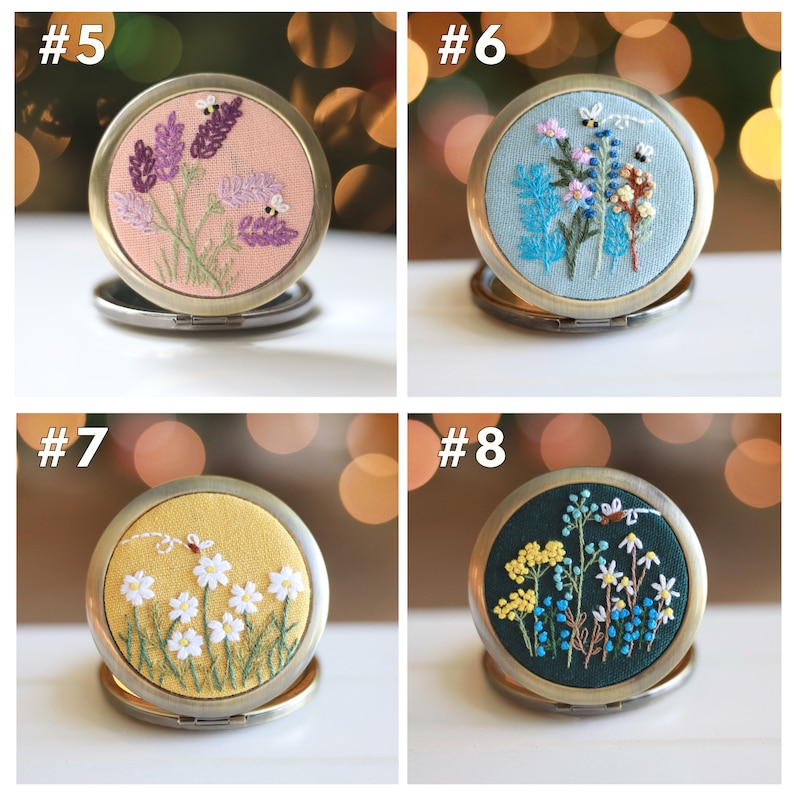 Floral Embroidered Compact Mirror, Pocket Mirror, Makeup Mirror, Vintage Gift for Her, Bridesmaid Gift, Wedding Favor, Christmas Gift. image 5