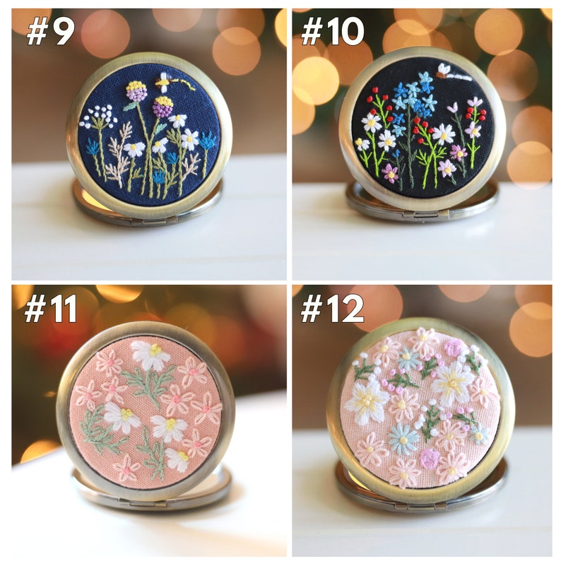 Floral Embroidered Compact Mirror, Pocket Mirror, Makeup Mirror, Vintage Gift for Her, Bridesmaid Gift, Wedding Favor, Christmas Gift. image 6