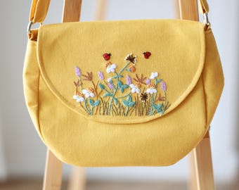 Yellow Hand Embroidered Crossbody Bag, Handmade Linen Shoulder Purse with Wildflowers & Ladybugs, Christmas Gift, Gift for Her