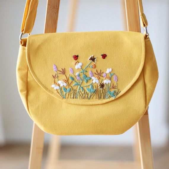 Yellow Hand Embroidered Crossbody Bag, Handmade  Shoulder Purse with Wildflowers & Ladybugs, Christmas Gift, Gift for Her