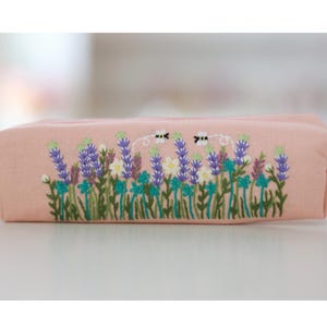 Hand Embroidered Pencil Case with Flower Embroidery, Pen Case, Floral Makeup Pouch, Flower Makeup Bag, Mother's Day Gift 1 - Pink