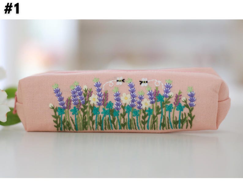 Hand Embroidered Pencil Case with Flower Embroidery, Pen Case, Floral Makeup Pouch, Flower Makeup Bag, Mother's Day Gift 1 - Pink