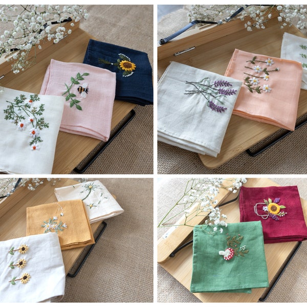 Linen Handkerchief, Floral Handkerchief, Hand Embroidered Handkerchief, Handkerchief With Flower Embroidery, Cute Hankie for Women