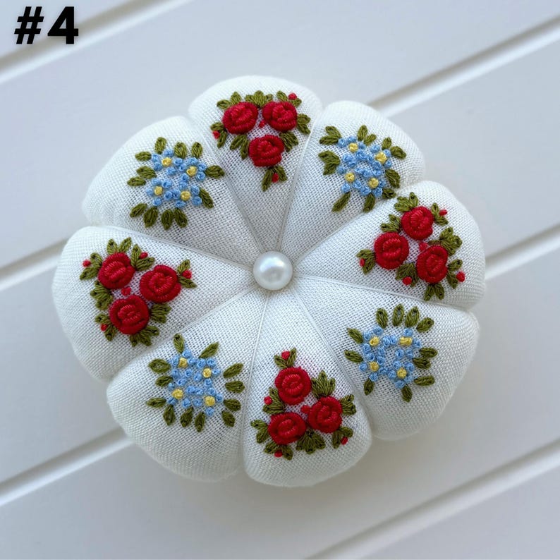 Floral Hand Embroidered Pin Cushion, Handmade Pin Accessory, Vintage Pin Keeper, Sewing Room Decor, Mother's Day Gift, Gift For Her 4