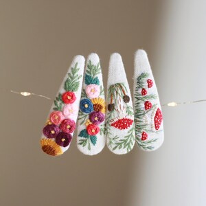 Hand Embroidered Forest Garden Hair Clips | Mushroom, Floral Linen Hair Accessories | Cottagecore Gift for Girls & Women | Christmas Gift