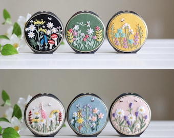 Floral Embroidered Jewelry Box with Mirror, Handcrafted Small Linen Jewelry Storage Box, Cute Vintage Gift, Bridesmaid Gift, Pill Box