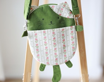 Handmade Cat Crossbody Bag – Green Floral Kitty Purse | Small Shoulder Bag for Teens & Adults | Adjustable Strap