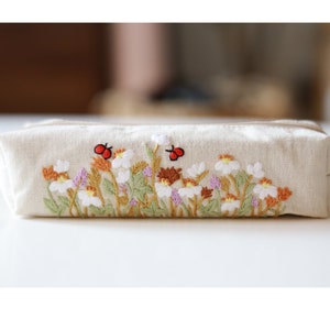 Hand Embroidered Pencil Case with Flower Embroidery, Pen Case, Floral Makeup Pouch, Flower Makeup Bag 3 - Natural