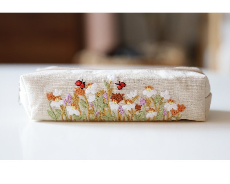 Hand Embroidered Pencil Case with Flower Embroidery, Pen Case, Floral Makeup Pouch, Flower Makeup Bag 3 - Natural