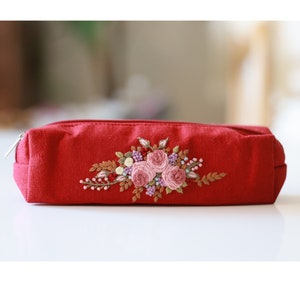 Hand Embroidered Pencil Case with Flower Embroidery, Pen Case, Floral Makeup Pouch, Flower Makeup Bag 6 - Red