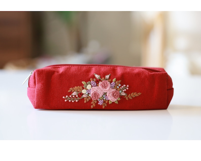 Hand Embroidered Pencil Case with Flower Embroidery, Pen Case, Floral Makeup Pouch, Flower Makeup Bag 6 - Red