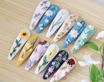 Wildflower Embroidered Hair Clips, Cute Handmade Snap Clips for Girls & Women, Hair Barrettes,Bee, Ladybug, Sunflower, Daisy, Holiday Gift