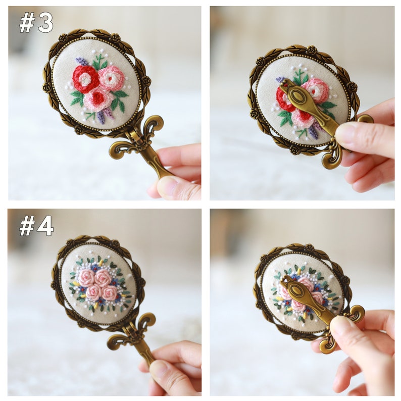 Floral Embroidered Compact Mirror. Flower Pocket Mirror. Makeup Mirror. Antique Compact Mirror, Vintage Vanity Hand Mirror, Bridesmaid Gift. image 6