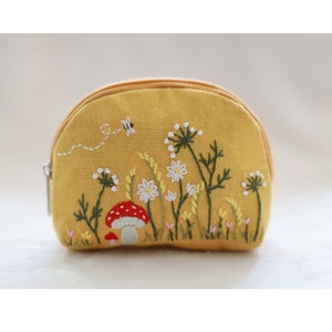 Hand Embroidered Coin Purse with Flower Embroidery, Earphone Case, Vintage Coin Purse, Bridesmaid Gift, Linen Pouch 5 - Yellow