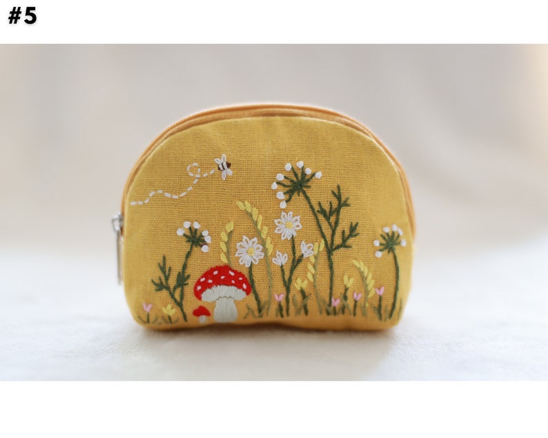 Hand Embroidered Coin Purse with Flower Embroidery, Earphone Case, Vintage Coin Purse, Bridesmaid Gift, Linen Pouch 5 - Yellow