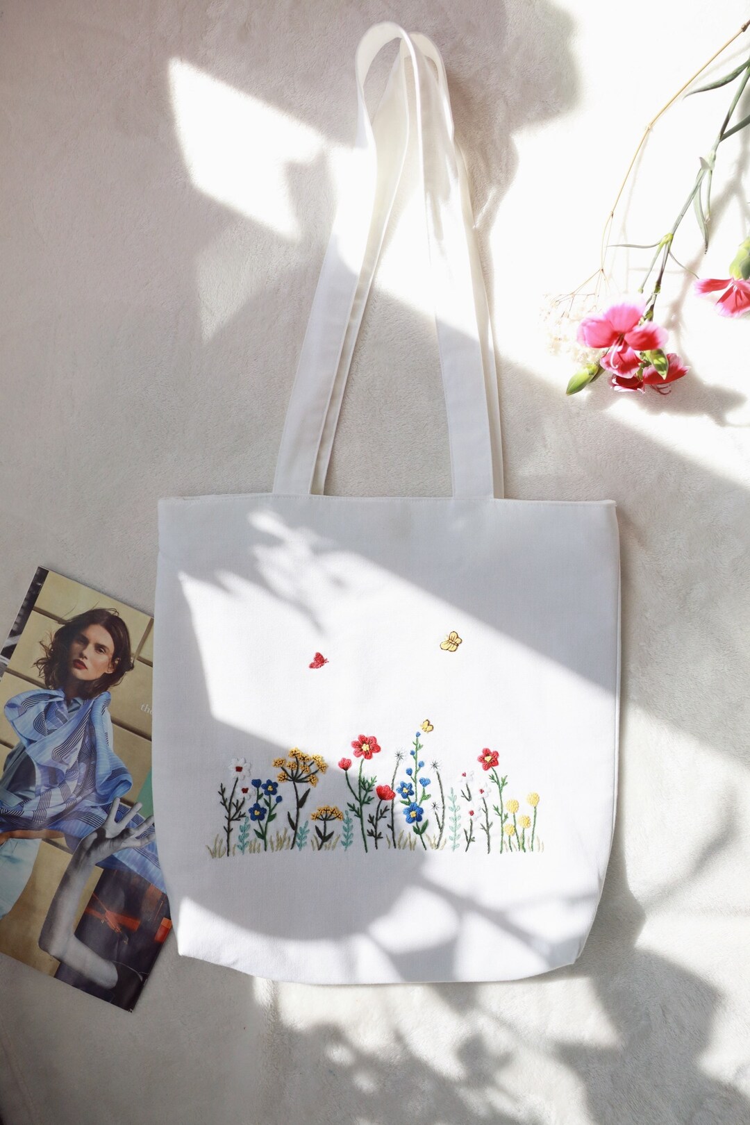 Floral Embroidered Linen Bag Cute Wild Flower Embroidery - Etsy