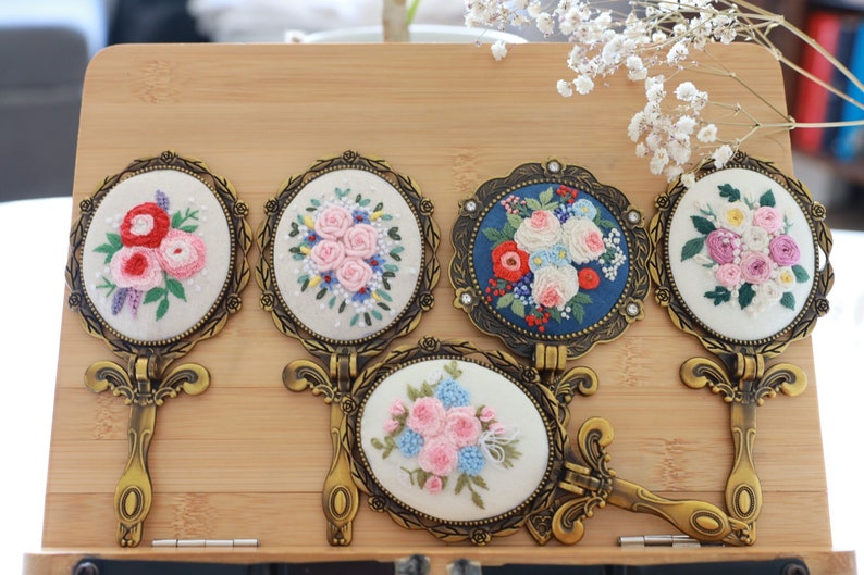 Floral Embroidered Compact Mirror. Flower Pocket Mirror. Makeup Mirror. Antique Compact Mirror, Vintage Vanity Hand Mirror, Bridesmaid Gift. image 9