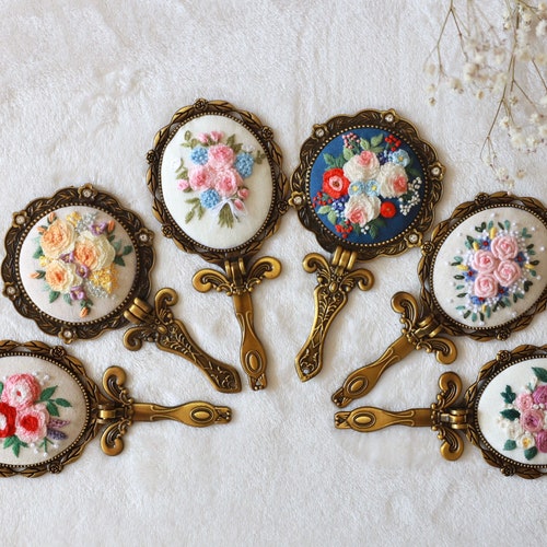 Floral Embroidered Compact Mirror Vintage Makeup Mirror Gift Etsy