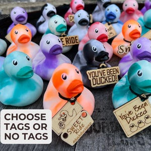 Bulk Marbled Rubber Duck Set – Green, Purple, Orange, Teal, Blue, Black & Red Ducks with Optional Wooden Tags for Offroad Ducking