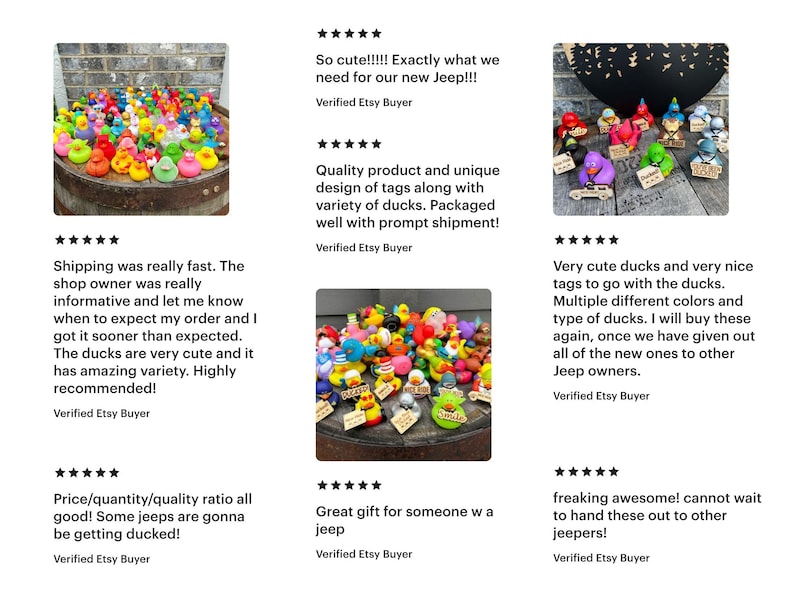 Customer reviews - So cute! Exactly what we need for our new Jeep! I will buy these again once we have given out all of the new ones to other Jeep owners. Great gift for someone w a jeep. Some jeeps are gonna be getting ducked!