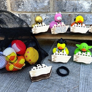 family gift for cruiser, set of rubber ducks with cruise ship tags in a black mesh storage bag
