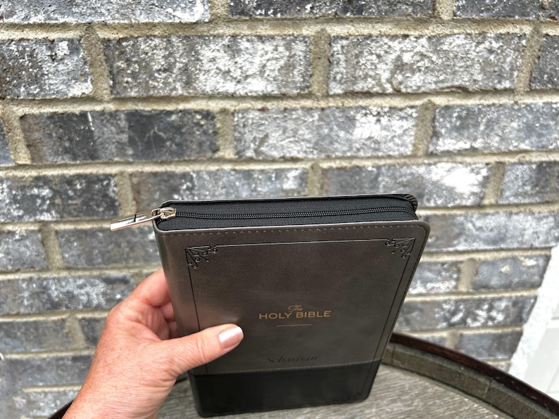 Black Faux Leather Bible Cover Custom Engraved KJV Personalized Bible for Men Faith Based Gift for Men Fathers Day Gift for Dad Bible Study Zippered Bible