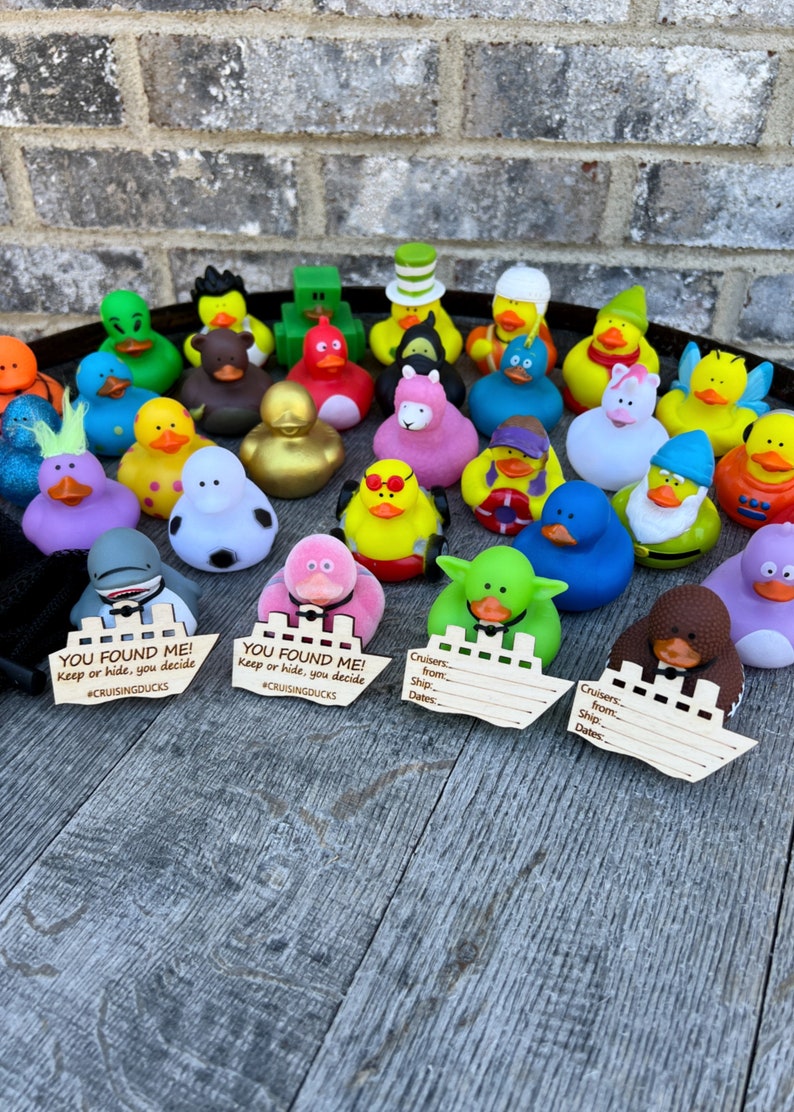 Collection of colorful rubber duck toys with cruise ship tags you can personalize with your cruise details and play hide and seek with cruisers