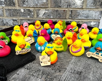 Beach Themed Rubber Ducks – Flamingo, Surfer & Luau Ducks with Optional Wooden Tags, Summer Gift for Offroad Ducking