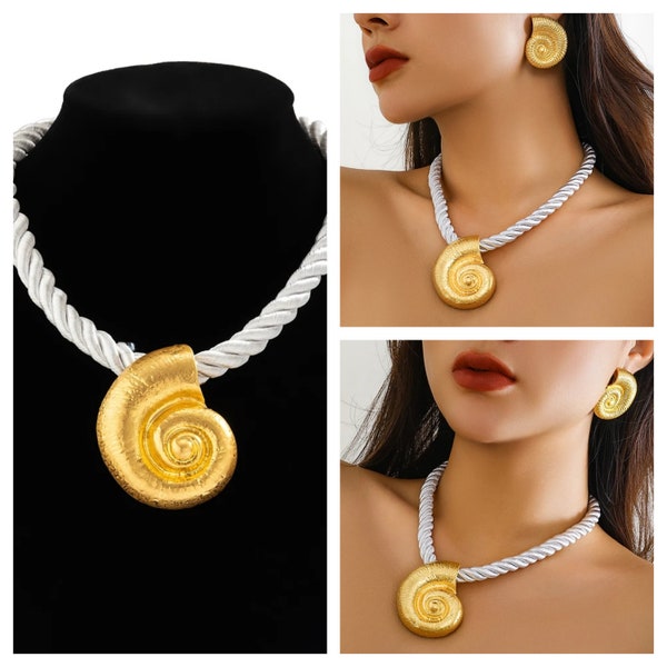 Collier en or corde avec boucles d'oreilles, escargot, femme, bijou doré, bijoux à la mode élégante, impertinent, 9 14 18 carats, Saint-Valentin, anniversaire, fête des mères