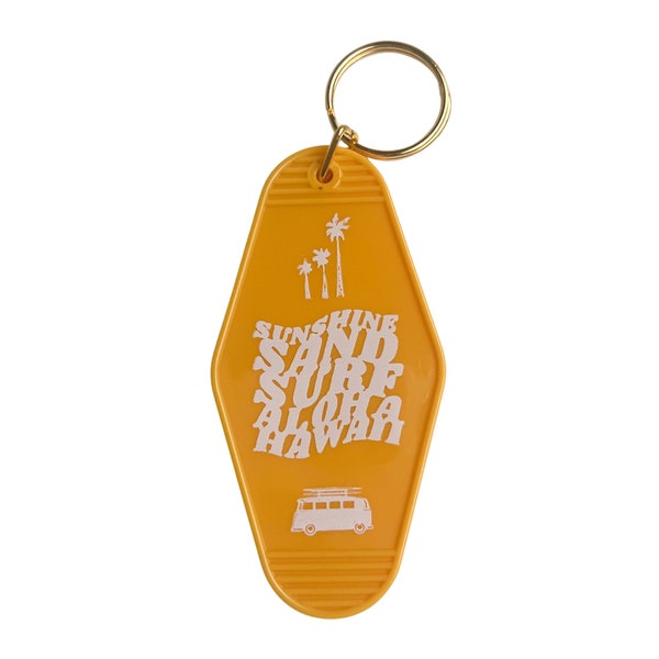 Sunshine, Sand, Surf - Vintage Motel/Hotel Style Keychain in Marigold and White | Hawaii Vintage Keychains | Cute Keychain | Retro Keychain