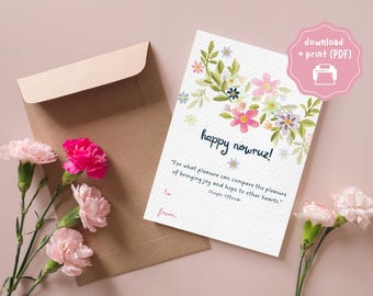 Tarjeta de felicitación Baha'i Nowruz con temática de acuarela ~ Descargar e imprimir en PDF ~ Tarjeta digital/imprimible