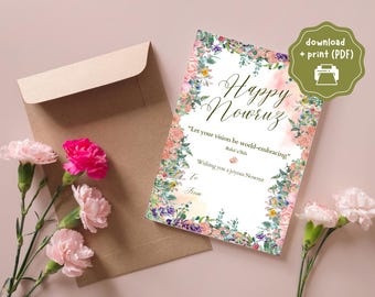 Tarjeta de felicitación Baha'i Nowruz con temática primaveral ~ Descargar e imprimir en PDF ~ Tarjeta digital/imprimible