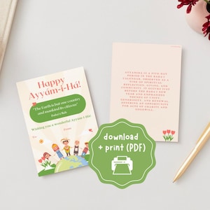 May include: A printable card with a pink background and a colorful illustration of children standing on a globe. The text on the card reads "Happy Ayyám-i-Há!" and "The Earth is but one country and mankind its citizens."  The card also includes a download and print button.