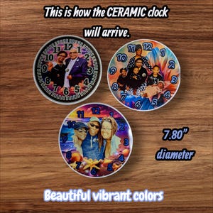 May include: Three ceramic clocks with family photos, featuring a clock face design with numbers. The clocks are 7.80 inches in diameter. Text on the image reads "This is how the CERAMIC clock will arrive" and "Beautiful vibrant colors."